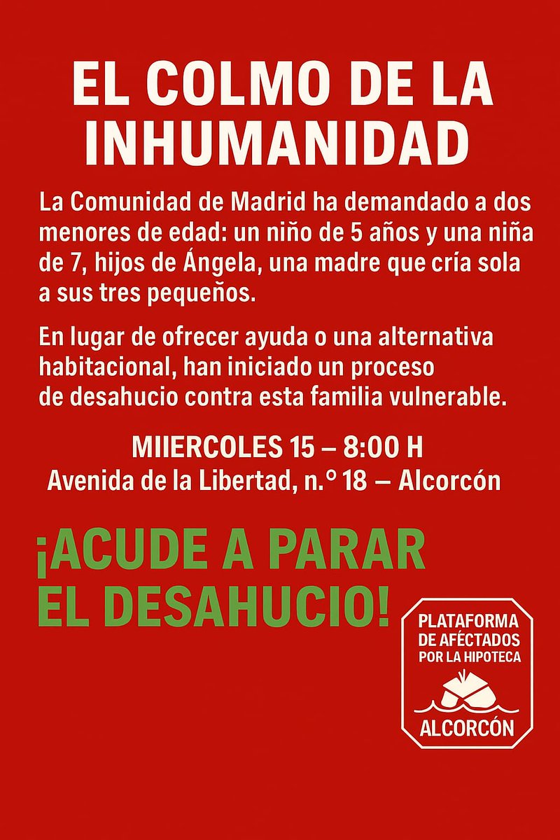 💚🏠 ¡ACUDE A PARAR EL DESAHUCIO!

Nadie sin hogar, ni una familia más en la calle.

#StopDesahucios #PAHAlcorcón #PAHMóstoles #PAHGetafe #PAHVallekas #RedPAH #DerechoAVivienda #NiUnDesahucioMás #Alcorcón #Madrid #EmergenciaHabitacional