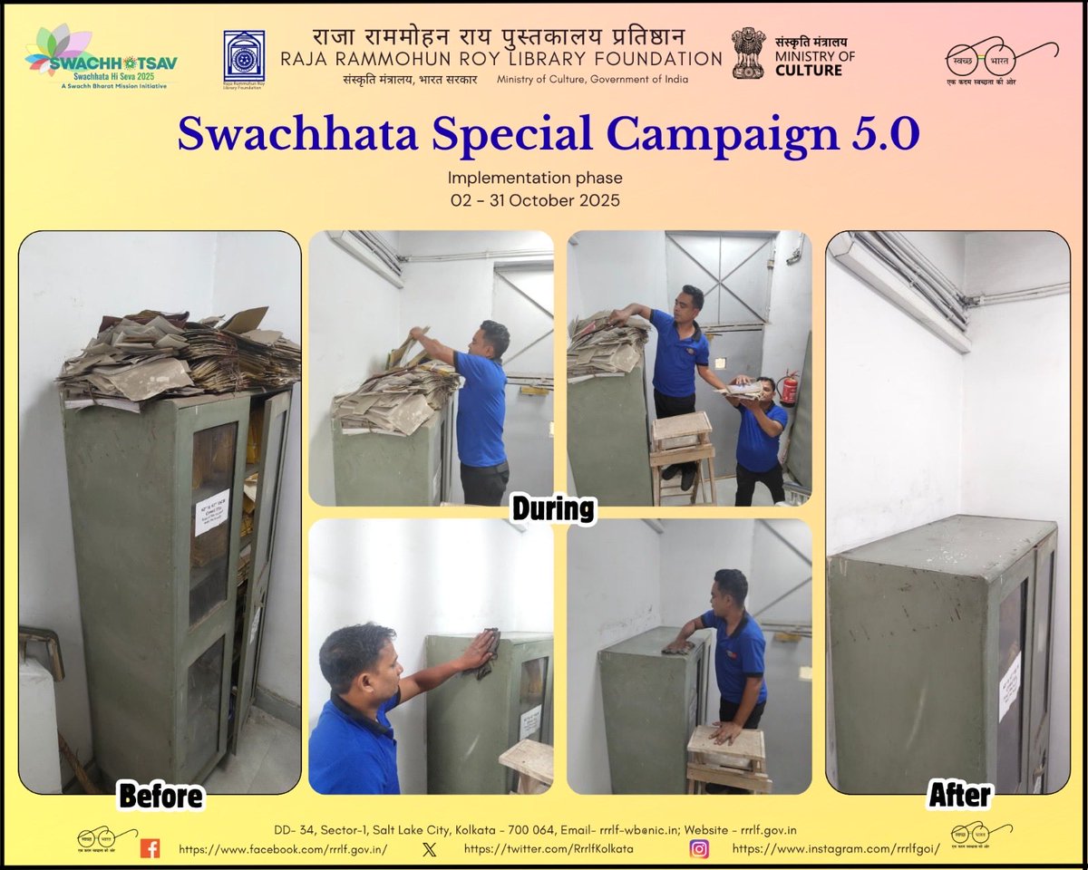 RrrlfKolkata's tweet image. As a part of #SwachhataSpecialCampaign5.0, old newspapers & other soiled papers are being cleaned by the housekeeping staff at RRRLF HQ, Kolkata.
#BooksforAll
#LibrariesforAll