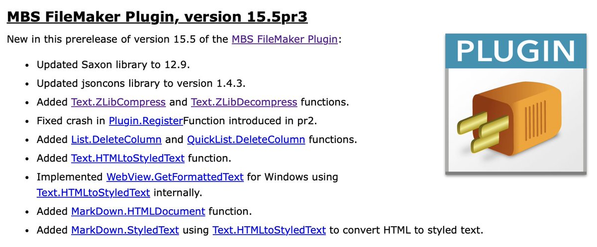 MBSPlugins's tweet image. MBS #FileMaker Plugin, version 15.5pr3
Updated Saxon library to 12.9.
Updated jsoncons library to version 1.4.3.
Added Text.ZLibCompress and Text.ZLibDecompress functions.
Added Text.HTMLtoStyledText
Added MarkDown.HTMLDocument and MarkDown.StyledText
mbsplugins.de/archive/2025-1…