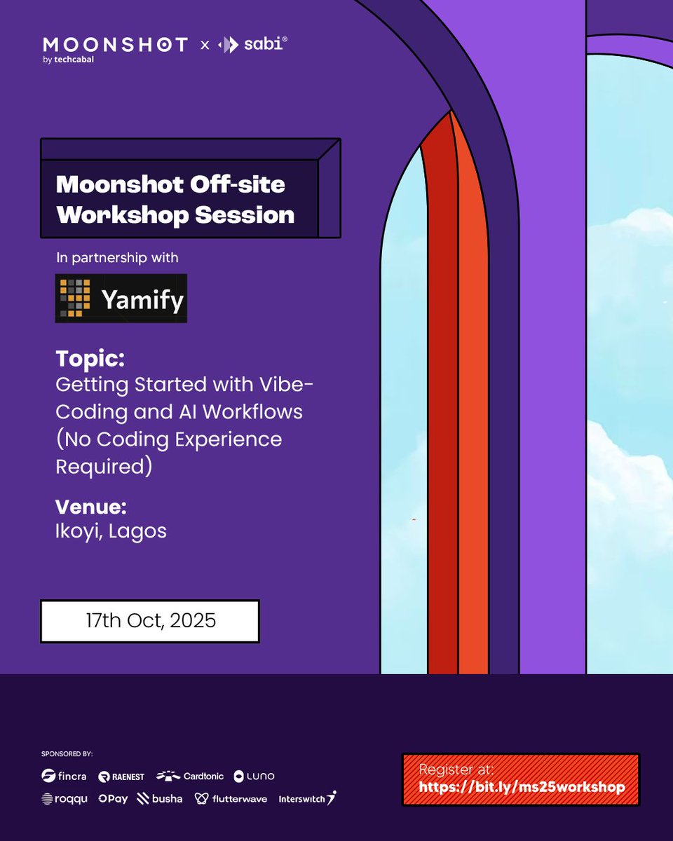 YamifyAI's tweet image. 🚀 We’re teaming up with @TechCabal  to power off-site tech workshops!

Hands-on sessions for students &amp;amp; young pros to learn real-world AI &amp;amp; digital innovation skills.

Africa’s future is being built — one workshop at a time. 💡
🎟️ Register here → docs.google.com/forms/d/1Ml5dw…