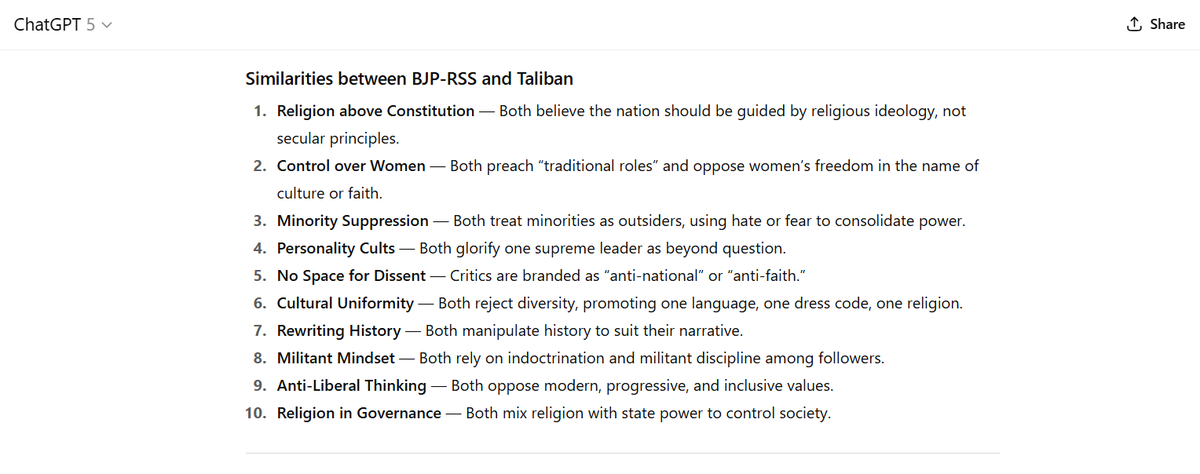 I asked ChatGPT:

Similarities between BJP-RSS and Taliban?