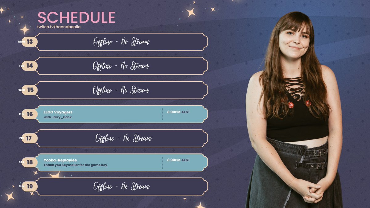New week, new schedule! 💜

Still riding the PAX high (and battling the post-PAX blues), so expect plenty of stories, chaos, and nostalgia on stream this week.

Catch me Thursday for LEGO Voyagers with @Jarry_Gack and Saturday for Yooka-Laylee (thanks <a href="/Keymailer/">Keymailer</a> for the key!).