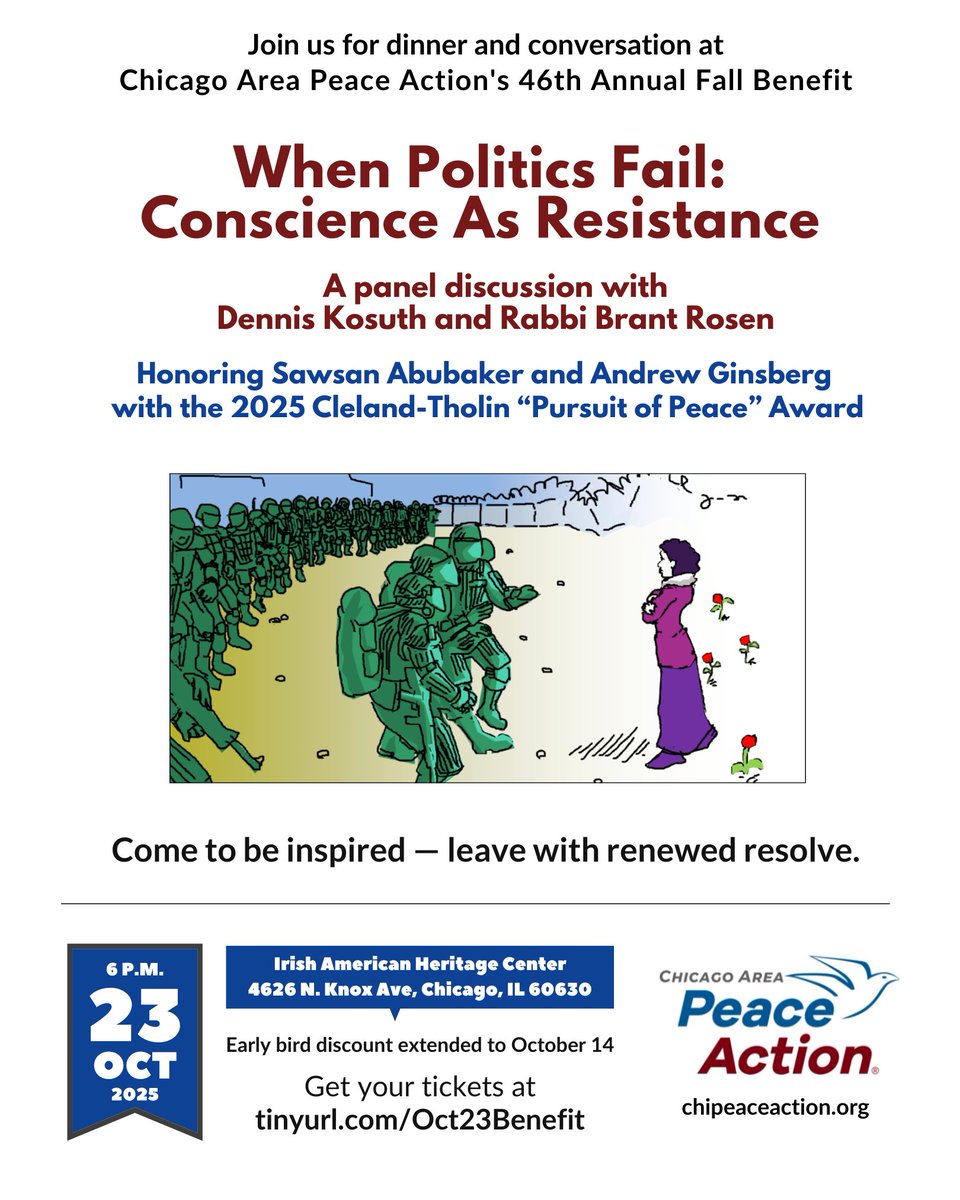 tinyurl.com/Oct23Benefit

CAPA's 46th Annual Fall Benefit is Thu, Oct 23, 2025 at 6PM at the Irish American Heritage Center, 4626 Knox Ave, Chicago, IL, 60630. Dinner catered by Curt's Cafe.

Speakers: Dennis Kosuth &amp; Rabbi Brant Rosen
Honorees: Sawsan Abubaker &amp; Andrew Ginsburg