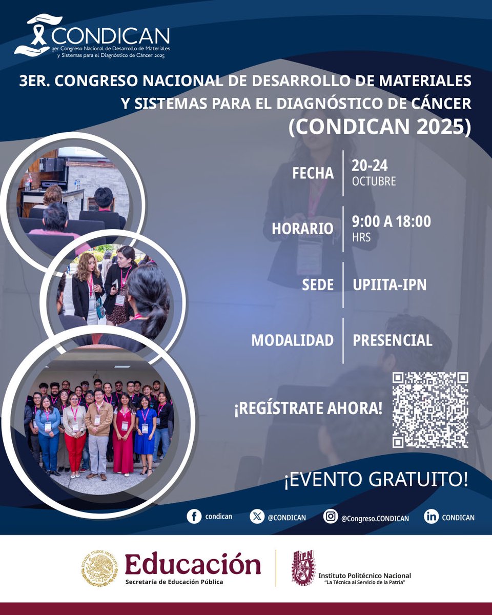 CONDICAN_C's tweet photo. 🧬🔍 ¡Bienvenidos al CONDICAN 2025!
📅 Del 20 al 24 de octubre, la UPITTA-IPN en la Ciudad de México será sede de la 3ª edición del CONDICAN, un evento que une ciencia, innovación y colaboración interdisciplinaria.

🧠💡¡Te esperamos!
🆓Evento gratuito y abierto a todo público https://t.co/tcxQlHd079
