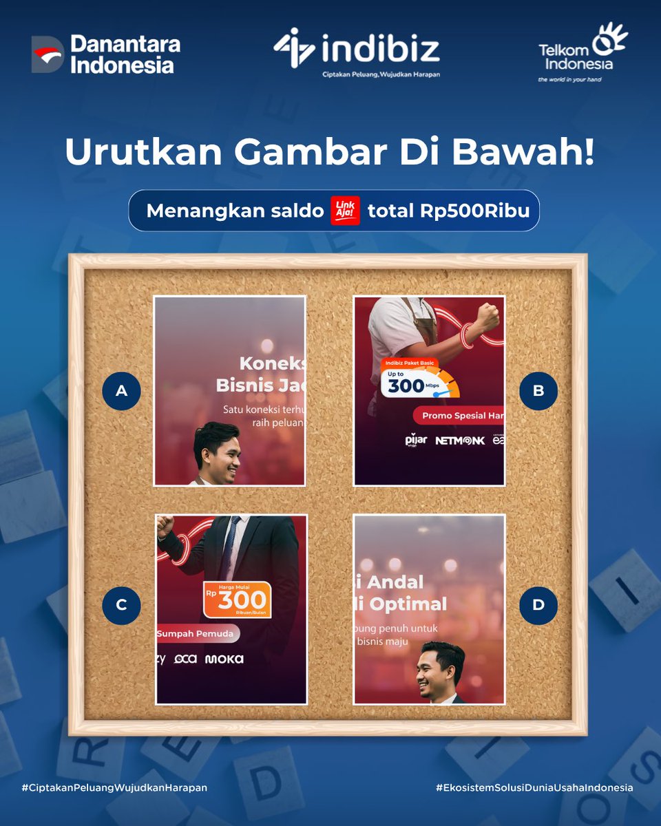 Indibiz_ID's tweet photo. Urutkan gambarnya untuk memenangkan saldo LinkAja senilai total 500 Ribu! Penasaran caranya? Cek slide sebelah, yuk!

Semoga beruntung, Sobat Indibiz!

#IndibizID
#CiptakanPeluangWujudkanHarapan
#EkosistemSolusiDuniaUsahalndonesia https://t.co/LriDiwGMYz