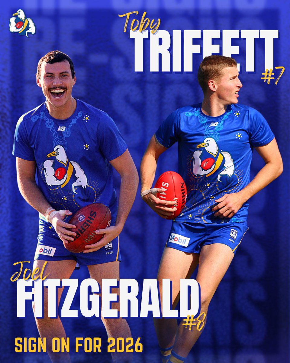 You’ll see numbers 7 and 8 donned by the same names until at least the end of 2026 🤝

After playing all 20 games in 2025 and averaging a combined 22 disposals per game, Joel Fitzgerald and Toby Triffett will be back for more in blue and gold.
Get the full story here: