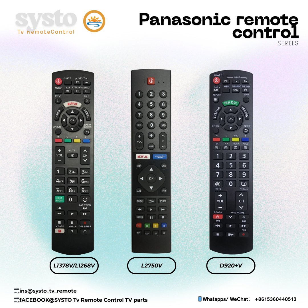 SystoRemote's tweet image. PANASONIC Remote Control series🚀🚀
Works seamlessly with all Panasonic brands.
🔗systo.hk
🔗systoremote.com
🔗linktr.ee/SystoOfficial
📱WhatsApp/WeChat：8615360440513
#tv #tvremotecontrol #Panasonic #customized #remotecontrol
