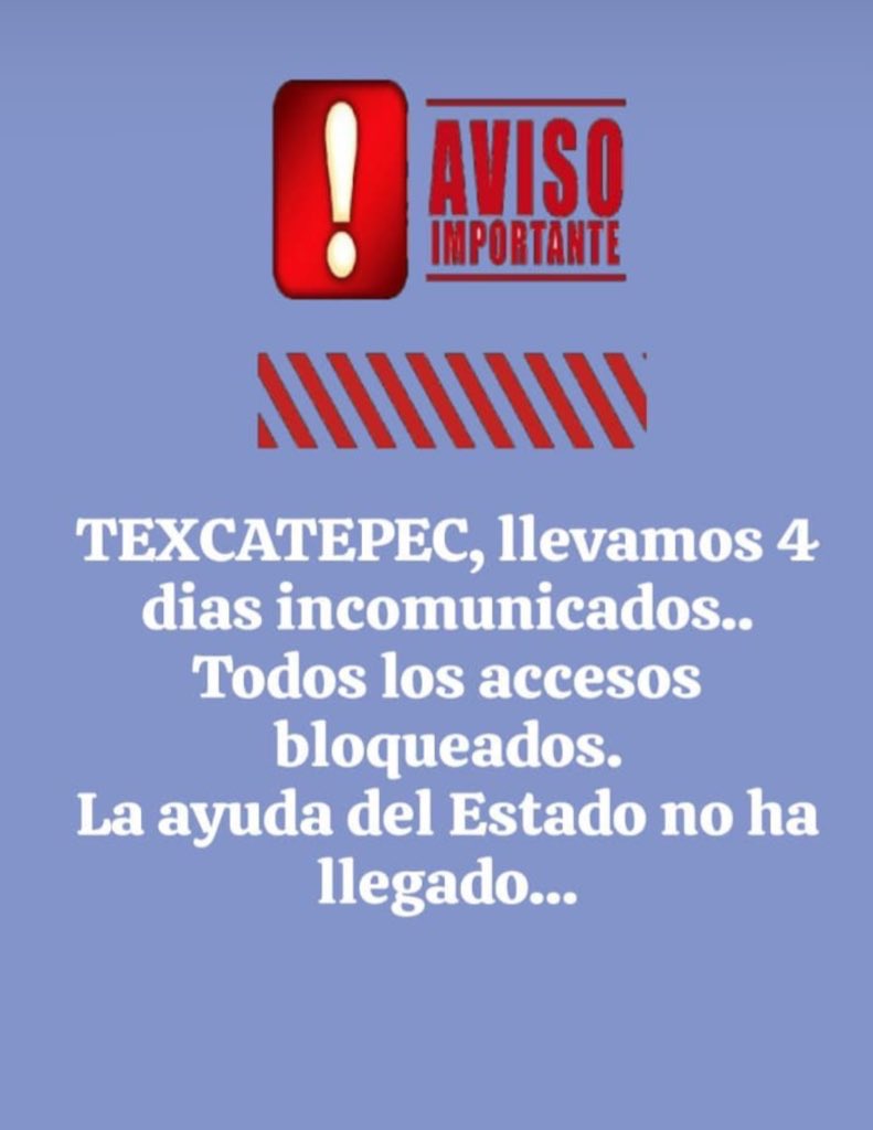 EspinoEliz5235's tweet photo. @Claudiashein Texcatepec un municipio Otomí de la Sierra Norte de Veracruz tienen 4 días incomunicados, sin energía y se están quedando sin víveres, hoy un grupo de voluntarios caminaron 12 horas en la montaña  cargando combustible en la espalda, necesitan MAQUINARIA y VÍVERES URGENTEME https://t.co/6Ldz8gkkXt