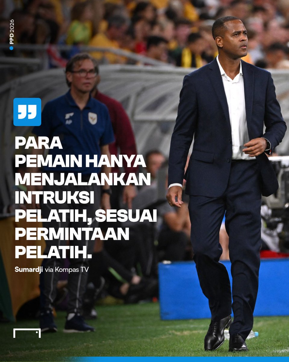 GOAL_ID's tweet photo. Manajer timnas Indonesia Sumardji menegaskan perlunya evaluasi terhadap tim kepelatihan yang dipimpin Patrick Kluivert seiring kegagalan skuad Garuda menembus putaran final Piala Dunia 2026.

Kluivert berada di bawah tekanan setelah Tim Merah-Putih dipastikan finis sebagai juru kunci grup di kualifikasi ronde keempat usai takluk kontra Arab Saudi dan Irak.

#TimnasIndonesia