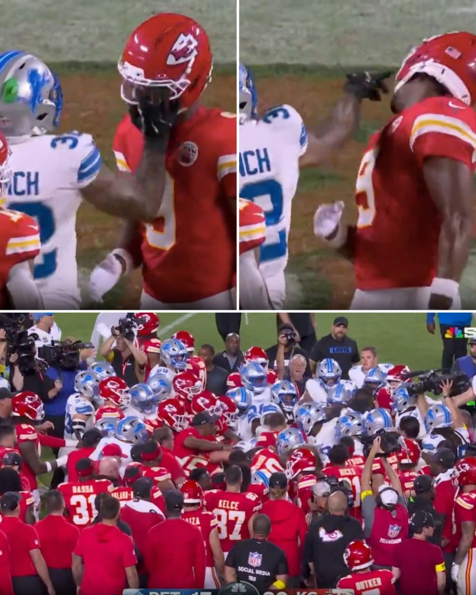 BleacherReport's tweet image. Scuffle breaks out between Chiefs-Lions after Brian Branch hits JuJu Smith-Schuster postgame 😳