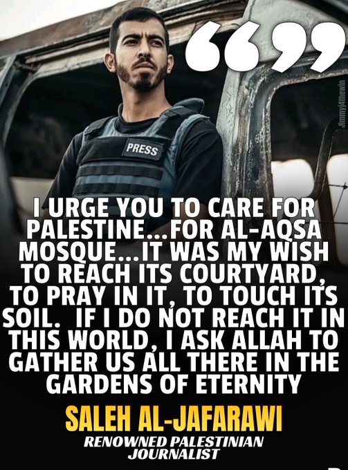 A man with short dark hair and a beard wearing a black tactical vest labeled PRESS stands leaning out of a white damaged vehicle door in an outdoor setting. The vest has multiple pockets and straps. White text overlays quote a message about urging care for Al-Aqsa Mosque and a prayer wish. At the bottom red and white text identifies Saleh al-Jafarawi as a Palestinian journalist.