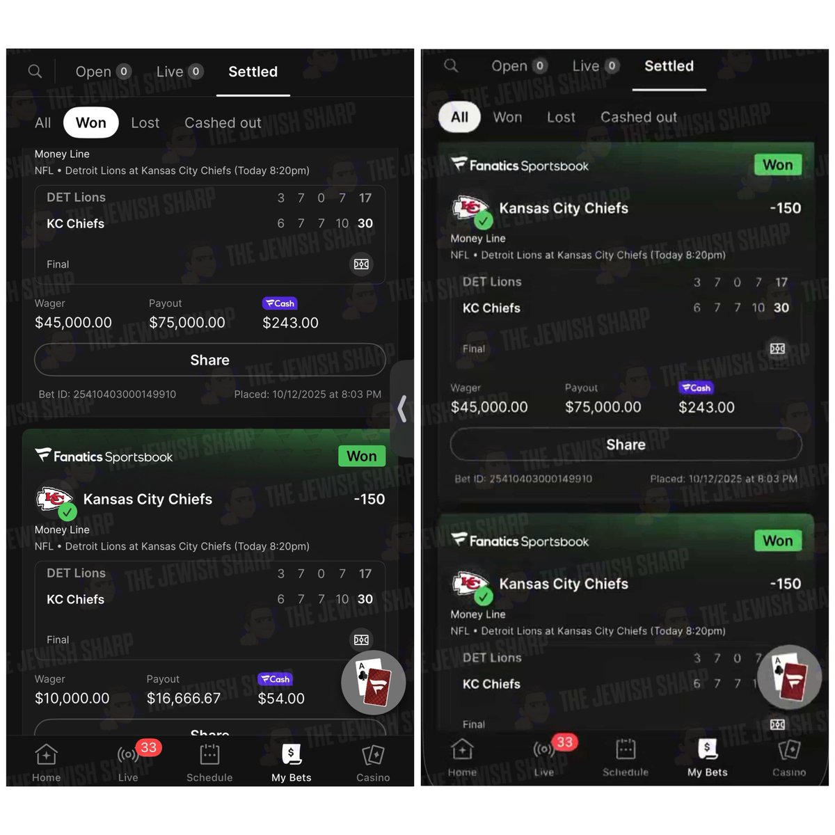 JewishSharp's tweet photo. CASH IT! CHIEFS WINNER!! π₯π₯
CLIENT WINS ALMOST $50,000.00!π°π°
#GamblingTwitter #NFL #ChiefsKingdom #DETvsKC https://t.co/0xyZsWTvVW