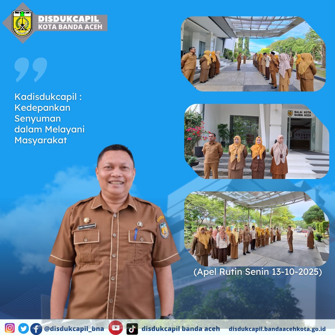 Assalamu'alaikum 
Hai Sobat Dukcapil Kota Banda Aceh 

Disdukcapil Kota Banda Aceh melaksanakan apel rutin senin 13 Oktober 2025 bertindak sebagai Pembina apel Kadisdukcapil Kota Banda Aceh  Heru Triwijanarko, S.STP, M.Si 

#apel #senin #disdukcapil