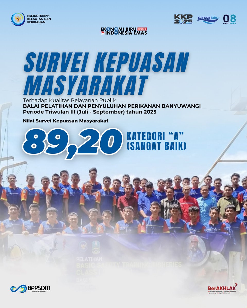 bpmkp_bwi's tweet photo. Indeks Kepuasan Masyarakat (IKM) adalah indikator yang digunakan mengukur tingkat kepuasan masyarakat terhadap kualitas pelayanan publik dan inforasi publik yang diberikan oleh suatu instansi penyedia layanan. Nilai IKM diperoleh melalui survei yang dilakukan kepada masyarakat yang pernah menerima pelayanan. Indeks Kepuasan Masyarakat merupakan alat ukur penting untuk mengetahui seberapa baik kinerja pelayanan publik, juga sebagai dasar untuk melakukan perbaikan dan peningkatan kualitas pelayanan.

Pada periode Triwulan III (Juli - September) tahun 2025, BPPP Banyuwangi memperoleh nilai SKM 89,20 dengan kategori mutu pelayanan A (Sangat Baik). Atas pencapaian ini kami menyampaikan terima kasih kepada masyarakat yang telah memberikan masukan. Kami berkomitmen untuk terus melakukan perbaikan dan peningkatan kualitas pelayanan di BPPP Banyuwangi.

@kkpgoid
@bppsdm_kp
@bppsdm_puslatkp
@bppsdm_pusluhkp 

#2025KKPRiseTogether
#PanganBiru
#EkonomiBiruUntukIndonesiaEmas
#SaktiWahyuTrenggono
#KKPGOID
#BPPSDMKP
#SDMKP
#INFINITY
#SDMUnggul