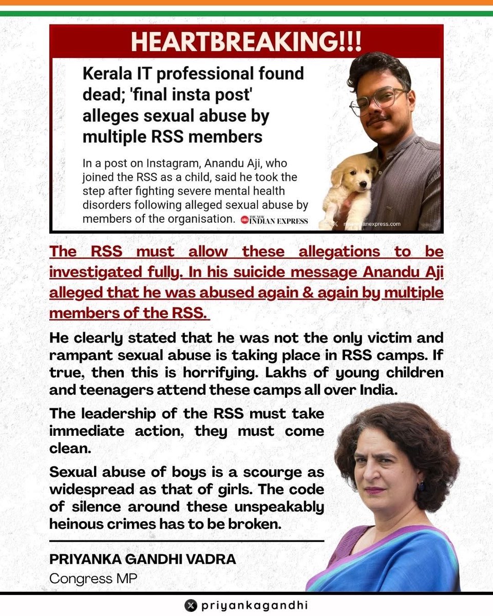 JaagoNyayYoddha's tweet image. Attention #ITprofessionals! Kerala IT professional Anandu Aji dies by suicide alleging sexual abuse by multiple RSS members. Here is a statement by Congress MP Priyanka Gandhi Vadra.

#PriyankaGandhi #BanRSS #RSS100YearsExposed 
#itindustry #IT #RSS #ananduaji #sexualabuse