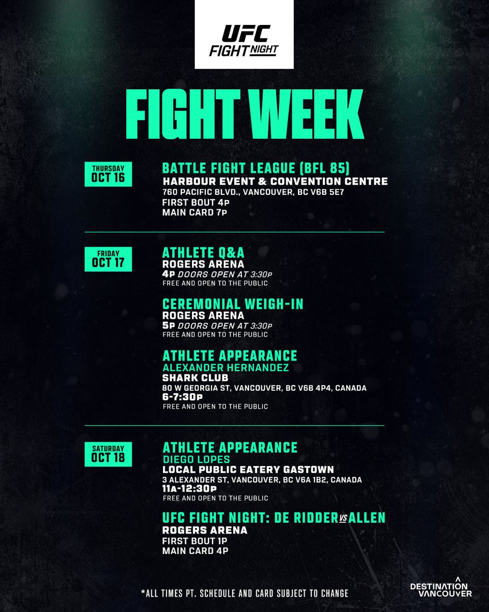 Fun times are on the way in Canada! 🙌

Here's everything happening during #UFCVancouver Fight Week!