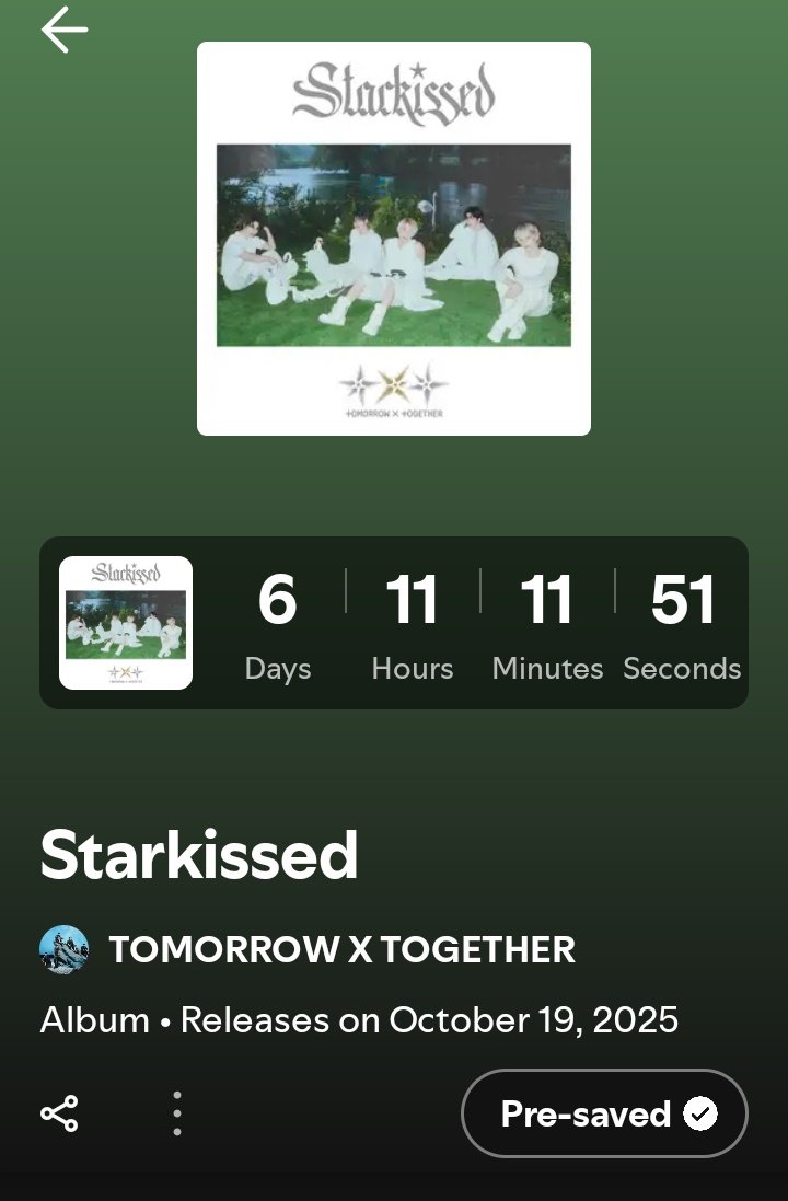 MOAs Pre-Save 'STARKISSED' on all your Spotify accounts .

Release - 20th October 2025, 0:00 AM KST/JST

🔗open.spotify.com/prerelease/1kp…

#Starkissed #TXT_Starkissed 
#TOMORROW_X_TOGETHER