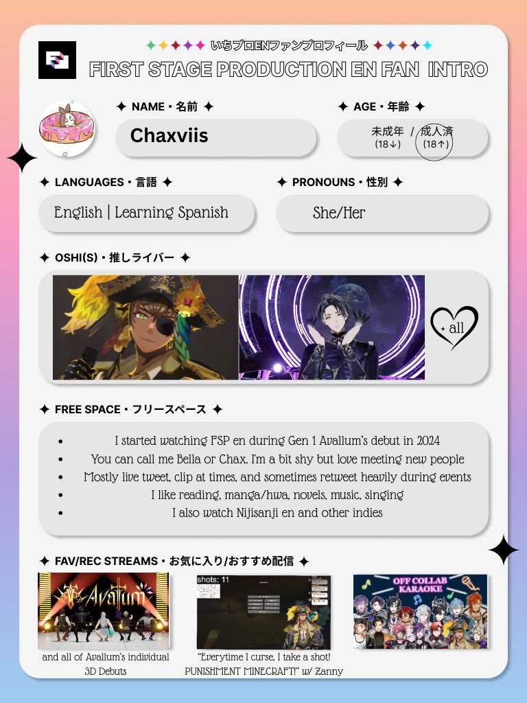 lunad3rose's tweet image. Hi, you can call me Bella ~💗
Decided to make my first #NijiIntro and redid my #FSPENintro. Thank you MOB for the template!