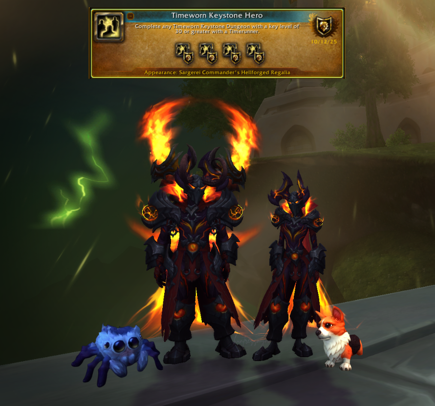 Back in WoW for a month now, after a 10 mo break.  Took 2 wks back to hit 3k io, now doing Legion Remix things.  Knocked out a +30 key for the mog, only to find out there is a title for +40.  So, we keep pushing <3  Bestie is a DH, Druid for me (orb of Sin'dorei used for ss)