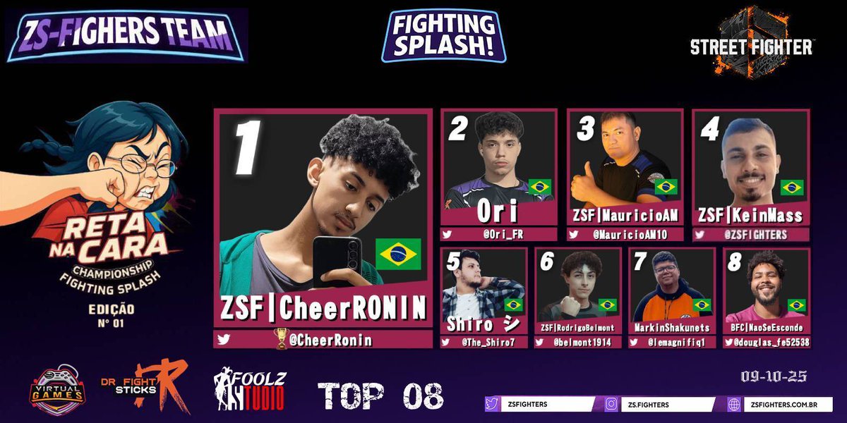 🥋💥 ALÔ, FGC! 💥🥋

A ZS FIGHTERS TEAM vem com novidade quente! 🔥
Além do tradicional ZS TOURNAMENT, chega agora um novo projeto que promete agitar o cenário:
💣 Reta Na Cara Championship – Fighting Splash! 💣

Esses eventos vão trazer, além das FTs de SF6, torneios de