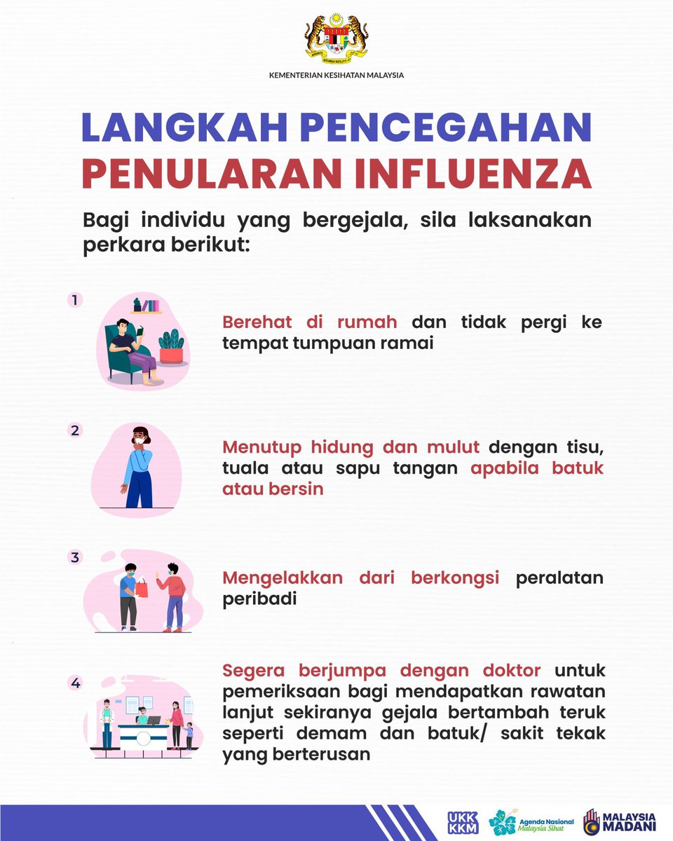 Influenza ialah jangkitan virus pada saluran pernafasan yang boleh menyebabkan demam, selesema dan batuk, serta menjejaskan golongan berisiko tinggi seperti kanak-kanak, warga emas dan wanita mengandung.

😷 Jika bergejala, amalkan langkah pencegahan berikut:
1️⃣ Berehat di