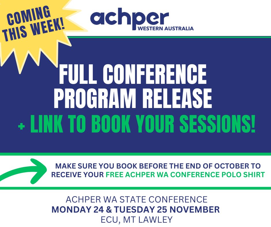 achperwa's tweet photo. Only 6 weeks to go until the 2025 State Conference at ECU, Mt Lawley!

Keep an eye on your inbox and socials this week for the full program, session details, and booking link.

Register by Oct 31 for your free conference polo!
👉 https://t.co/kOaDvEjyG3 https://t.co/JfuehvSvhS