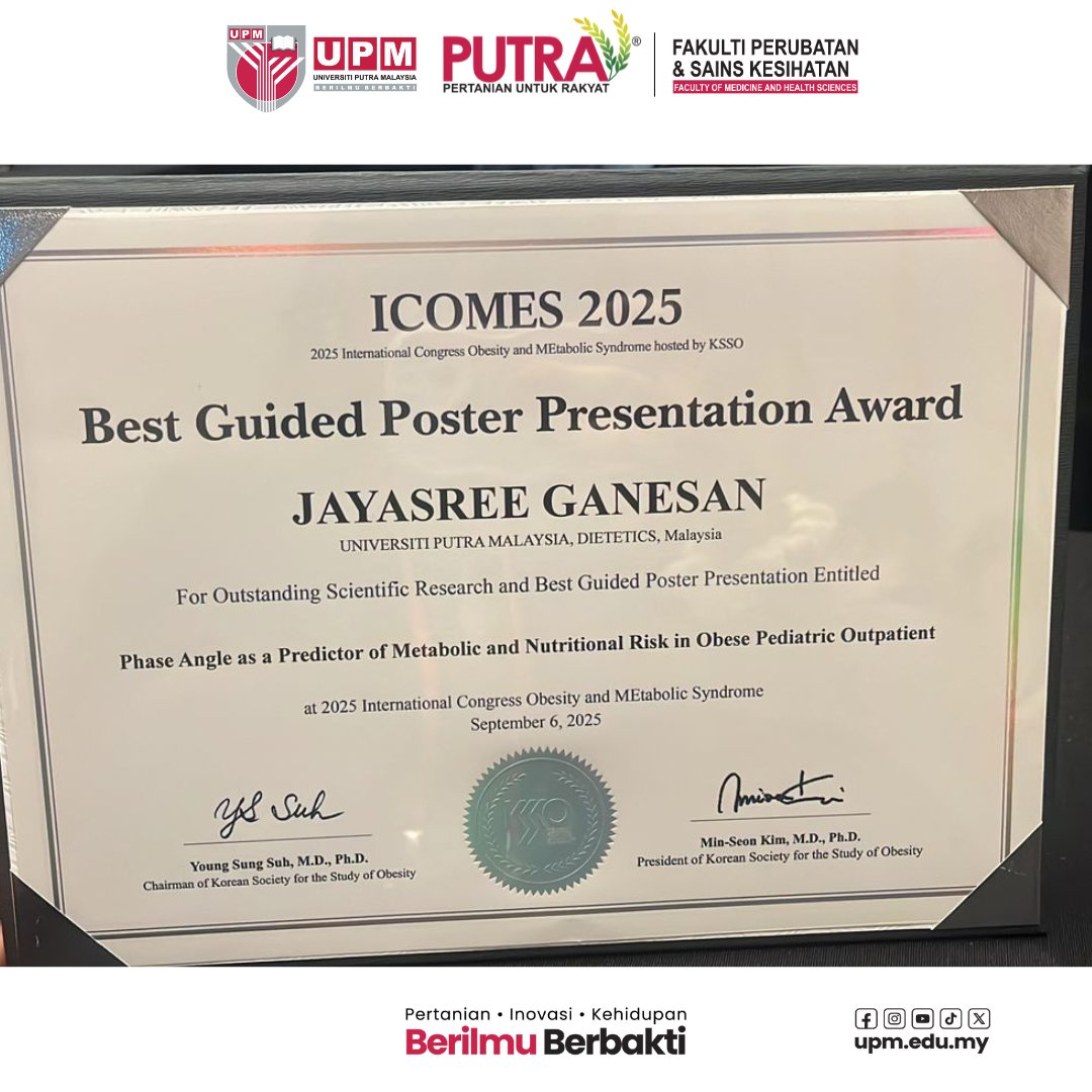 UNDERGRADUATE STUDENT ACHIEVEMENT IN THE 2025 INTERNATIONAL CONGRESS ON OBESITY AND METABOLIC SYNDROME HOSTED BY KSSO

Heartiest congratulations to:

#medicupm #fpskupm