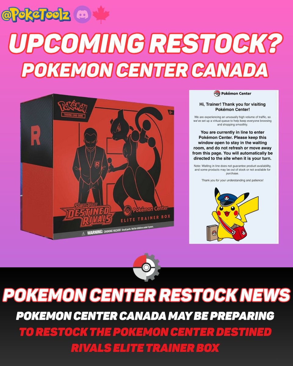 👀 POKÉMON CENTER CANADA RESTOCK ALERT? 🇨🇦

Looks like Pokémon Center Canada might be gearing up to restock the Destined Rivals Elite Trainer Box 🔥

Premium members are ready instantly through our monitors + Moonitor app ⚡

Don’t miss the next restock 👇
👉