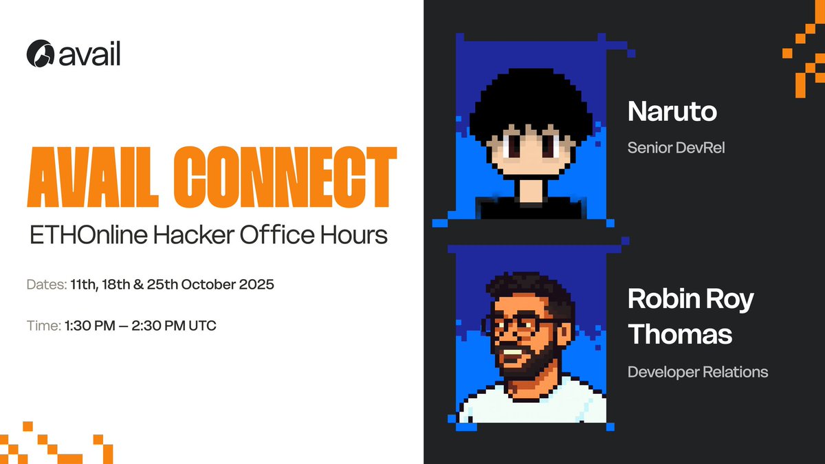 akm (@0x_et1) on Twitter photo GM families
Avail connect office hours are live for ethonline builders whether you’re debugging integrating or just exploring avail our devrels <a href="/naruto11eth/">Naruto11.eth</a> and <a href="/robin_rrtx/">Robin Roy | robin_rrtx.lens</a> are ready to help join us on discord on october 11th 18th and 25th and build with confidence GM families
Avail connect office hours are live for ethonline builders whether you’re debugging integrating or just exploring avail our devrels <a href="/naruto11eth/">Naruto11.eth</a> and <a href="/robin_rrtx/">Robin Roy | robin_rrtx.lens</a> are ready to help join us on discord on october 11th 18th and 25th and build with confidence