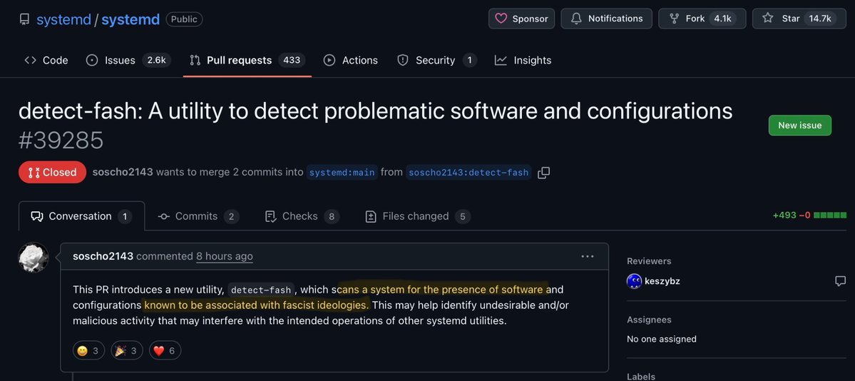 LundukeJournal's tweet image. Someone developed (and submitted) a “detect-fash” utility for systemd.

“A utility to detect problematic software and configurations”

It searches Linux systems for installations of the Ladybird Web Browser, Hyprland, or if the system is Omarchy Linux.

It also contains code to…