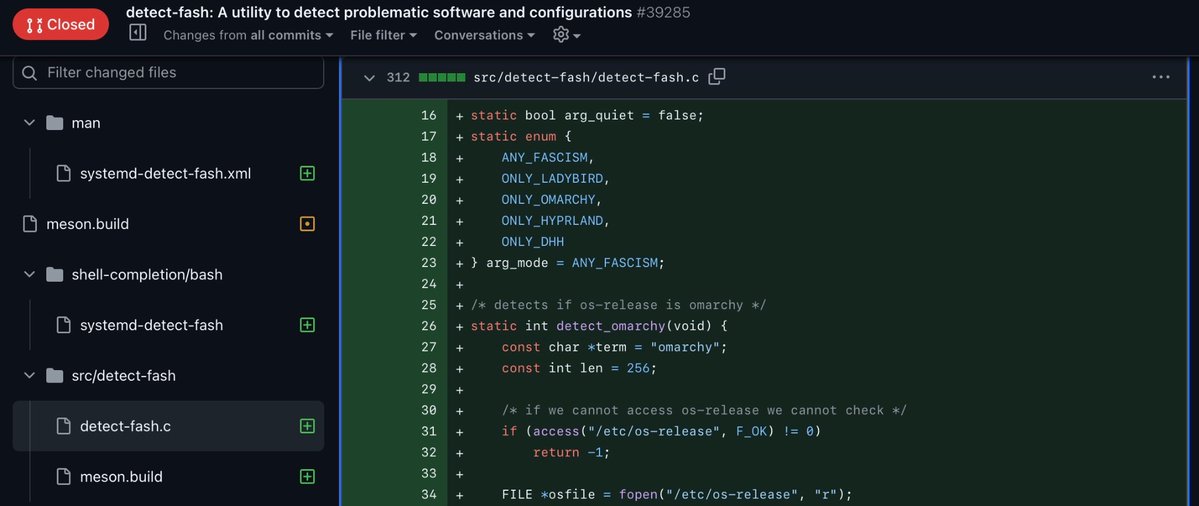 LundukeJournal's tweet image. Someone developed (and submitted) a “detect-fash” utility for systemd.

“A utility to detect problematic software and configurations”

It searches Linux systems for installations of the Ladybird Web Browser, Hyprland, or if the system is Omarchy Linux.

It also contains code to…