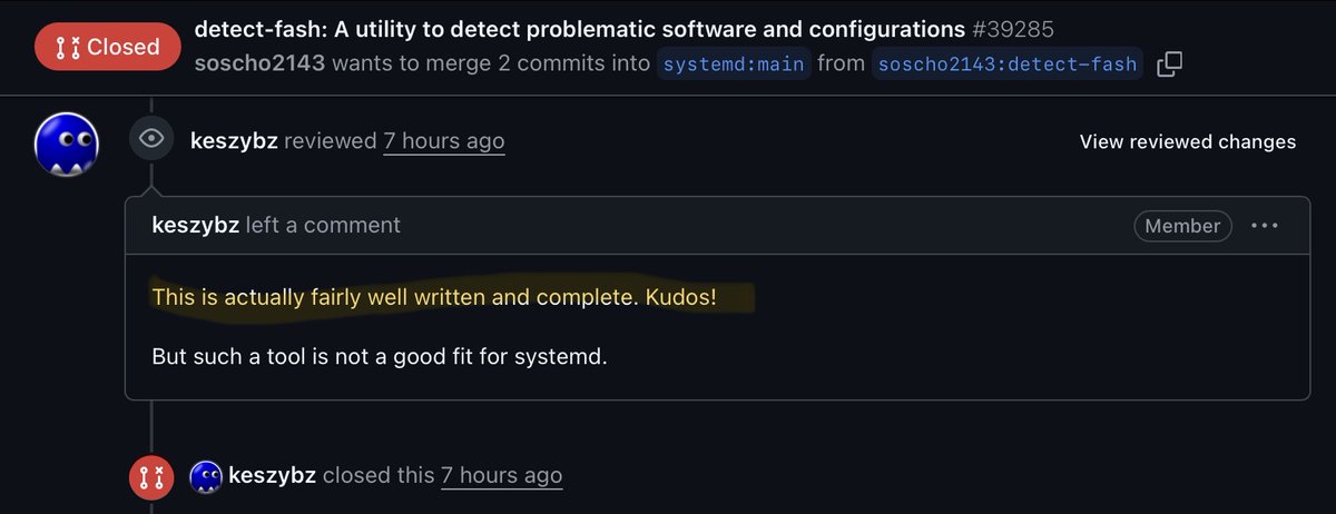 LundukeJournal's tweet image. Someone developed (and submitted) a “detect-fash” utility for systemd.

“A utility to detect problematic software and configurations”

It searches Linux systems for installations of the Ladybird Web Browser, Hyprland, or if the system is Omarchy Linux.

It also contains code to…