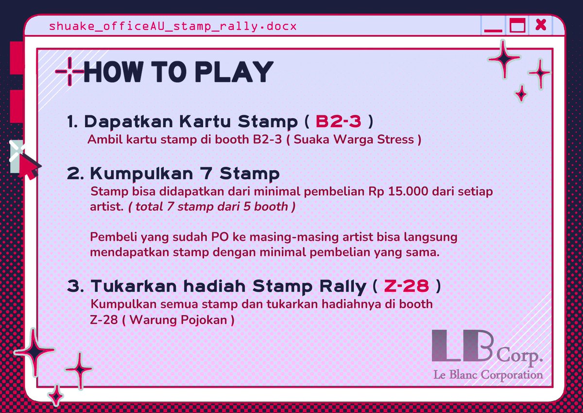 [🩷&amp;🔁] 

✨📑 Welcome to ShuAke #CF21 Stamp Rally 🖋️✨
Participate by collecting 7 stamps from 7 artists to get :

Various Stickers
2 Photocard
2 ID Card Prints
1 Memopad
2 Button Pins
✨LIMITED Mini Standees

participating artists catalogues on replies! #comifuro21
