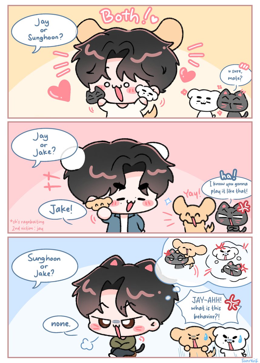 sunreiis's tweet image. jake, jay, or sunghoon?🐶🐈‍⬛🐧
