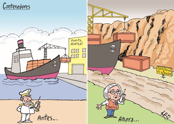 Two-panel cartoon illustration. Left panel: Serene port scene with black ship docked at yellow building, cranes lifting containers, blue sky and water, uniformed captain with radio standing on dock labeled Antes. Right panel: Disordered port with black ship, scattered orange containers, brown landslide from cliff, yellow crane, warning sign, older woman in glasses and orange vest holding radio on dirt ground labeled Ahora.