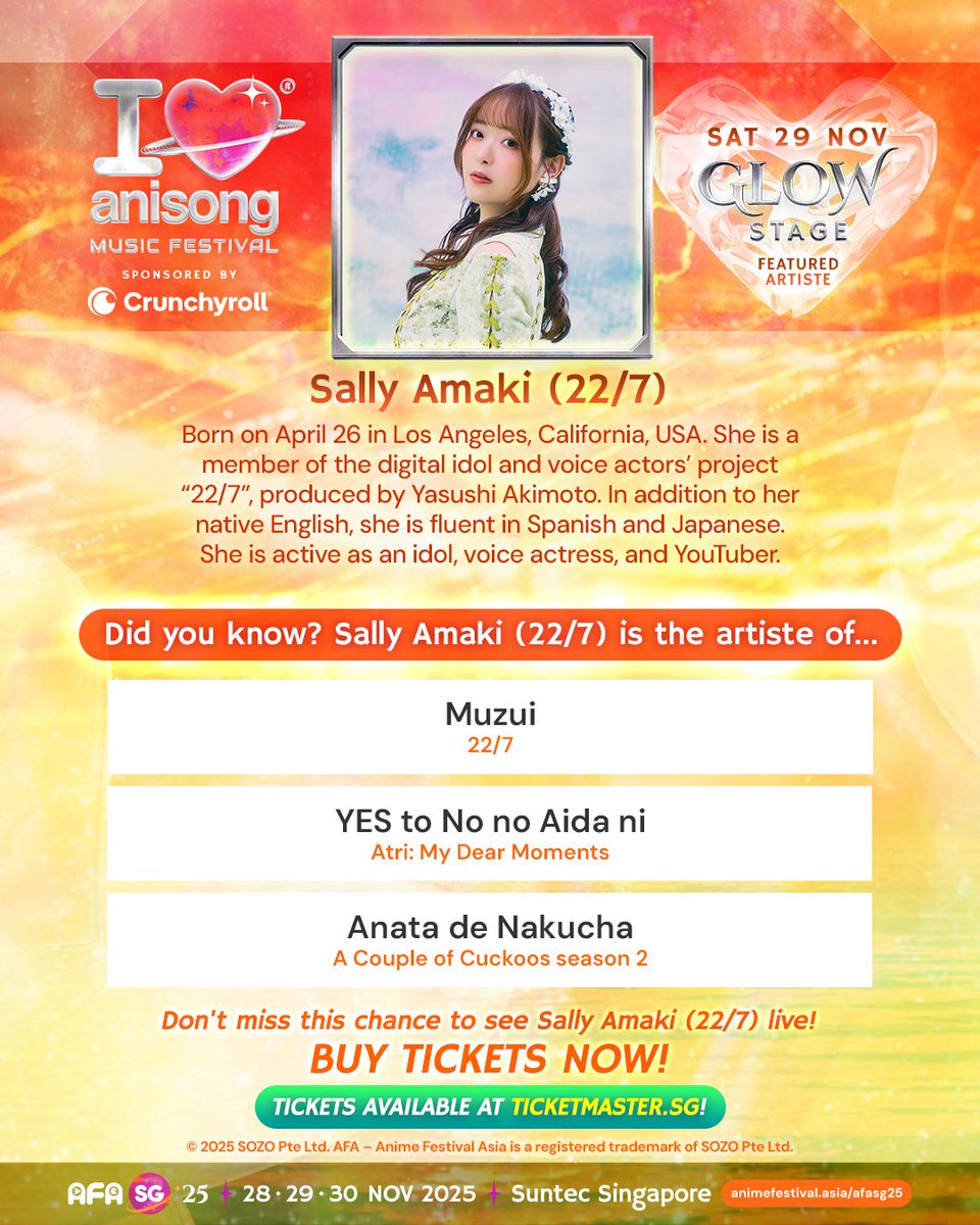 #AFASG25 Meet Sally Amaki from 22/7! Watch her perform live at I LOVE ANISONG Music Festival, Sponsored by Crunchyroll!

🎟️ Concert tickets* now available! *Excludes booking fees
🔗 animefestival.asia/afasg25/concer…
🕓 Doors Open 6:00 PM / Show Starts 6:30 PM