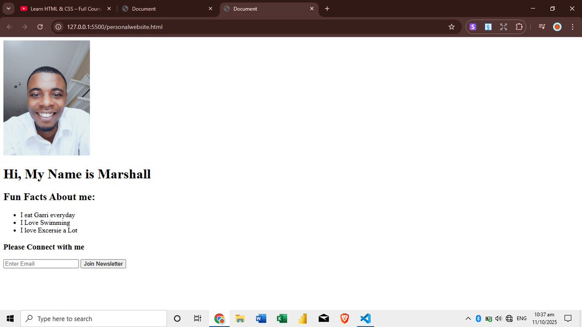 SirMarshall50's tweet image. Day 2/100 of #100DaysOfCode
Today I dived deeper into HTML structure, learned how to use lists, tables, and links to organize information on a webpage.
It’s amazing how powerful plain HTML can be once you understand the basics. — no CSS
#WebDevelopment #BuildInPublic