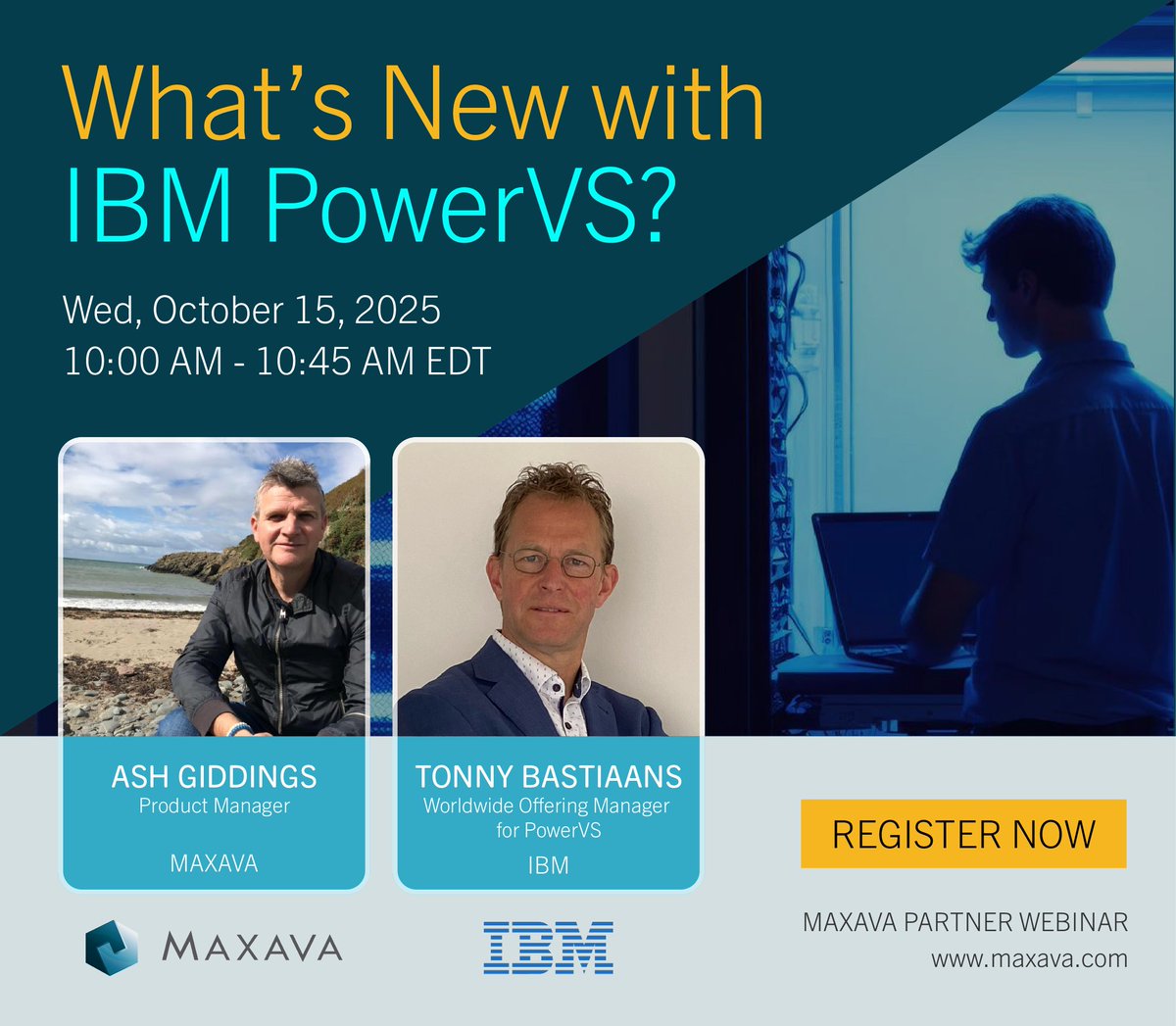 imaxava's tweet image. 🚀 PowerVS is evolving! Join IBM’s Tonny Bastiaans and Maxava’s @AshleyGiddings on Oct 15. Will share important updates on new features, compliance, and the future of IBM Power Virtual Server. Book now! 👉 register.gotowebinar.com/register/51009… #PowerVS #IBMi #IBMCloud