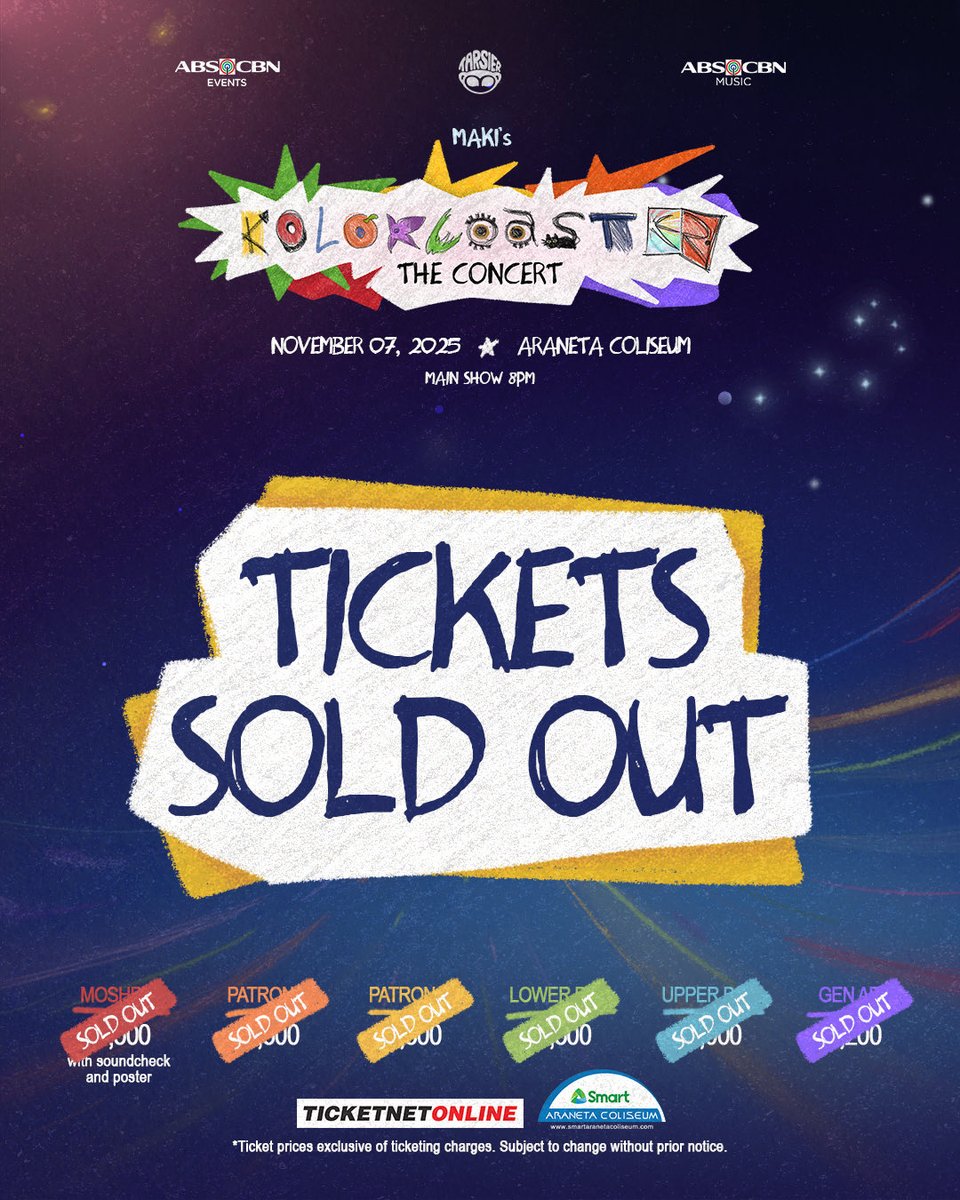 tarsierrecords's tweet photo. 🌠 SOLD OUT!

All set for a colorful ride! Thank you for your love and support! 🌈

Maki’s 
KOLORCOASTER
The Concert 

🗓️ November 07, 2025
🎡 Smart Araneta Coliseum

For more info, visit https://t.co/Td1RMrSh4F

For waiver, get here:
https://t.co/mlXNpCb2uy

#Maki #KOLOCOASTER https://t.co/vWIfjCwKh9