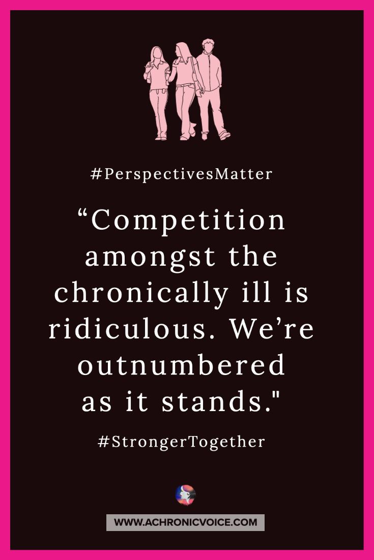 AChVoice's tweet image. &quot;I believe that competition amongst #spoonies is ridiculous. We’re outnumbered as it is &amp;amp; need to respect each other’s #perspectives, believe in each other’s pain &amp;amp; not become the society whom we claim is #ableist &amp;amp; abusive&quot;: buff.ly/RJSzfeX #MondayBlogs #ChronicIllness