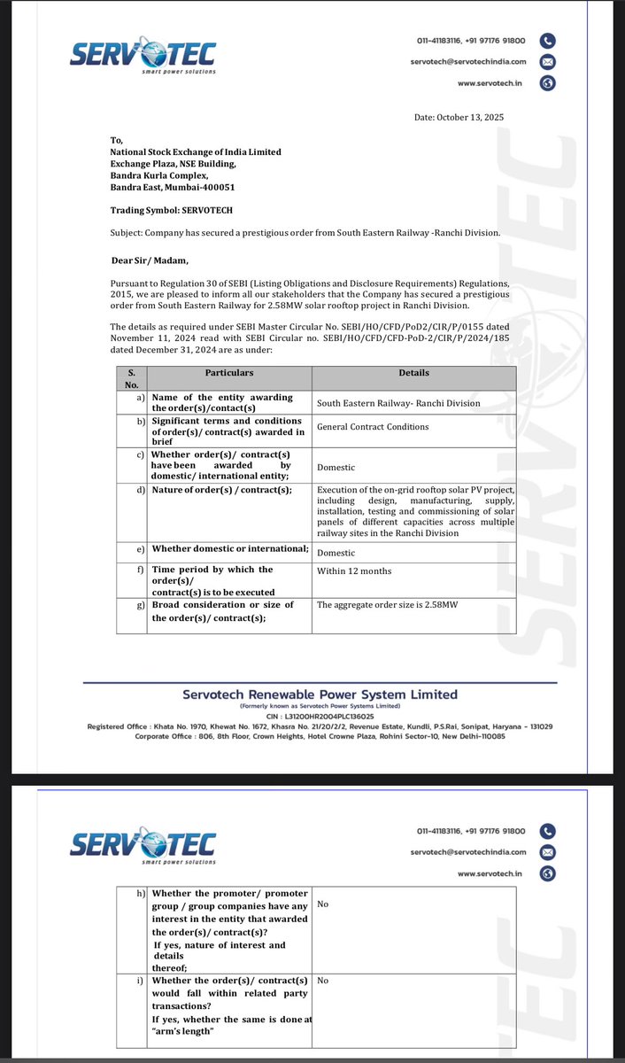 Vivek_Ruparel's tweet image. #ORDER #SERVOTECH

Company has secured a prestigious
order from South Eastern Railway for 2.58MW solar rooftop project in Ranchi Division