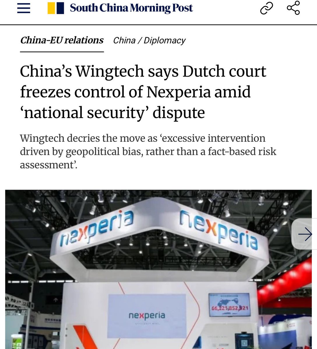 Incredible violation of rule of law and free market economy in the EU. 

Netherlands just seized a Chinese-owned semiconductor company - Nexperia.

Excuse: “National security” and to prevent “possibility” of IP being stolen.

It’s like the Minority Report in geopolitics.

The