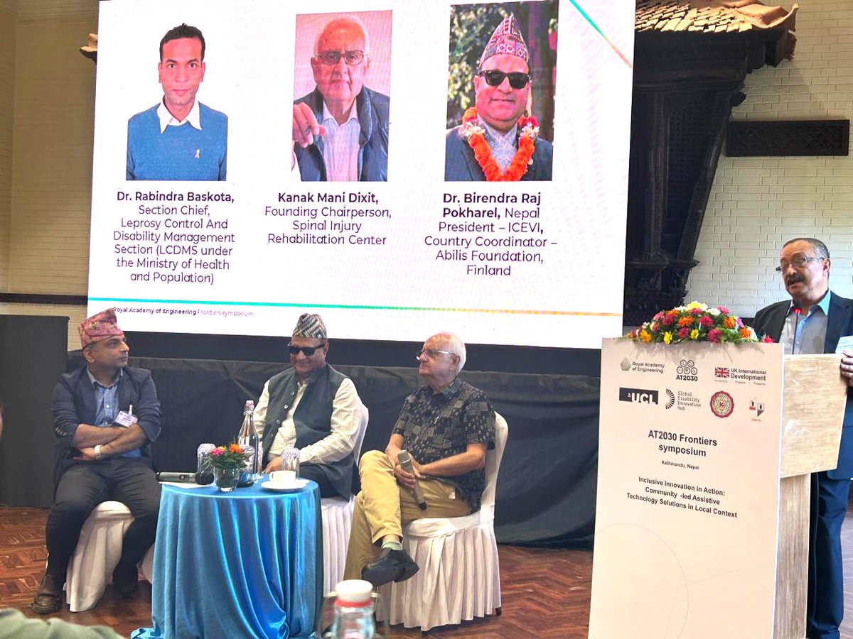 SpinalNepal's tweet photo. SISN Founder Kanak Mani Dixit and SIRC Medical Director Dr. Raju Dhakal joined as panelists &amp; keynote speakers at the AT2030 Frontier Symposium (Oct 8–10, Kathmandu), highlighting inclusive innovation &amp; community-led assistive tech. 💡
#AssistiveTechnology https://t.co/Jy2hLRVolR