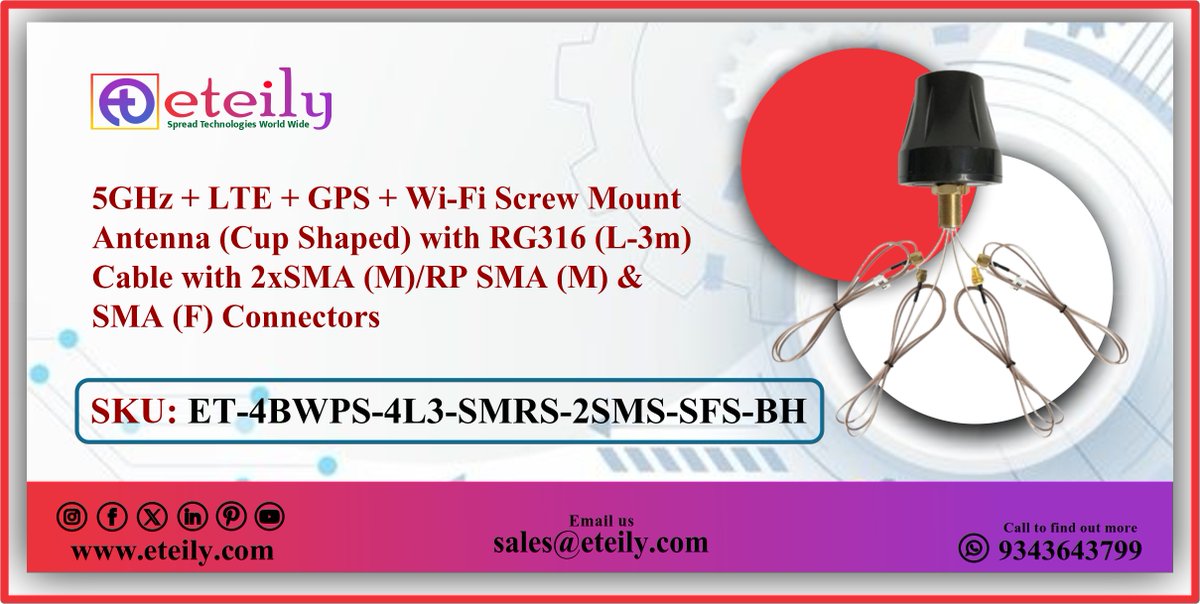 eteilyindia's tweet photo. ⚡ Multi-Band Power: 5GHz + LTE + GPS + Wi-Fi in One!

✅5GHz + LTE + GPS + Wi-Fi Screw Mount Antenna (Cup Shaped) with RG316 (L-3m) Cable | 2xSMA (M) / RP SMA (M) / SMA (F) Connector
✅ET-4BWPS-4L3-SMRS-2SMS-SFS-BH

#5GHz #LTE #GPS #WiFi #Eteily #CupAntenna #MultiBand #IoT https://t.co/jxwArIgRVI