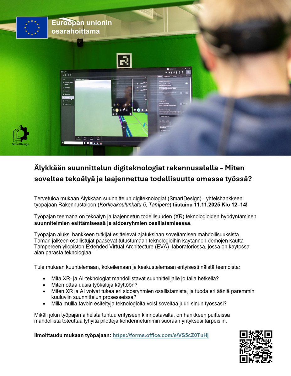 Huomio suunnittelijat ja kaupungit! Nyt on loistava hetki osallistua #SmartDesign-työpajaan tiistaina 11.11.2025 kello 12-14 Tampereen yliopistolla.
Miten #AI- ja #XR-teknologioita voidaan soveltaa työssäsi? forms.office.com/e/VS5cZ0TuHj
<a href="/pirkanmaan_liit/">Pirkanmaan liitto</a> <a href="/hameenliitto/">Hämeen liitto</a> #EUosarahoittama