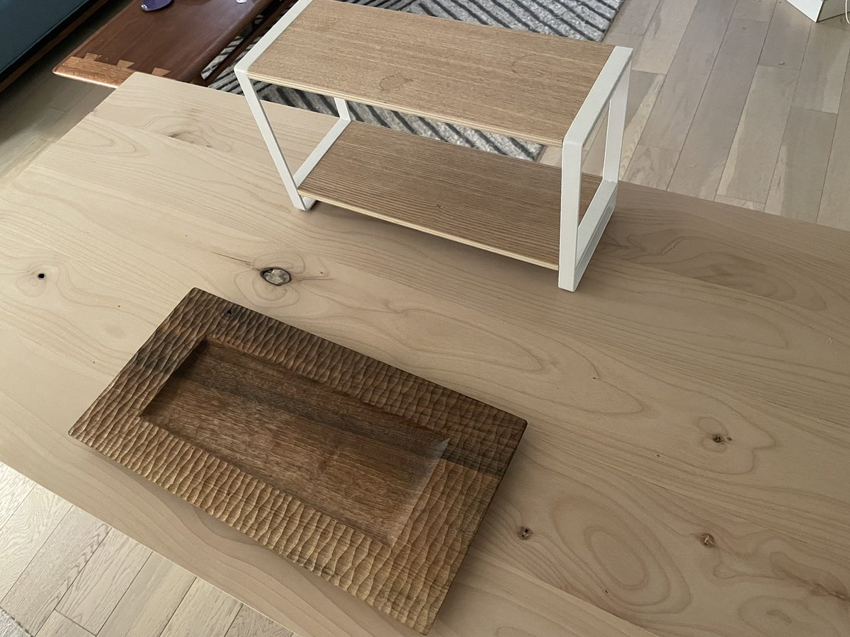 i was planning on staining this table with a darker finish like walnut....what do u guys think? kinda digging how it looks rn, this is my tea tray and matcha shelf on top