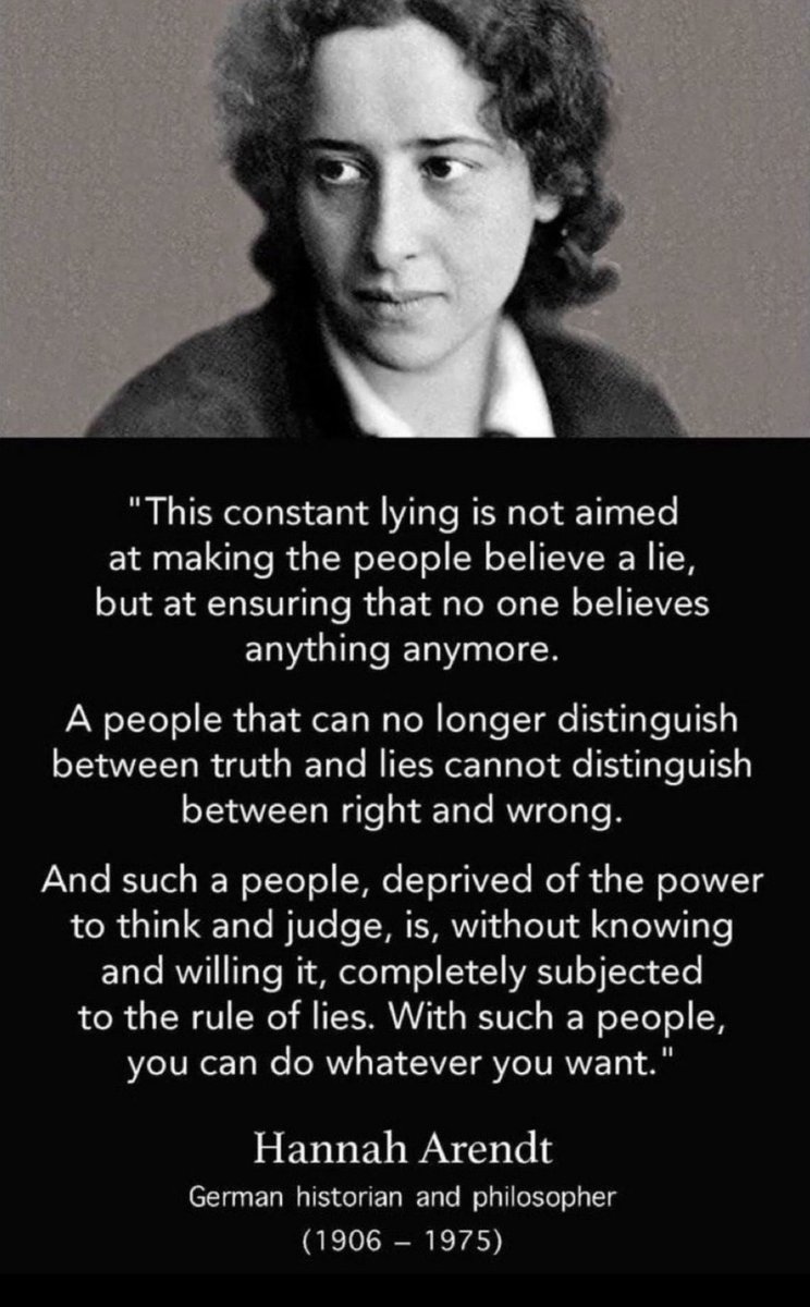 davidjthunder's tweet image. The gist of Arendt’s warning below is that the ideal subject of totalitarian rule is the individual so immersed in free-wheeling ideologies divorced from reality that the distinction between truth and falsehood becomes virtually meaningless to them, or becomes yet another…