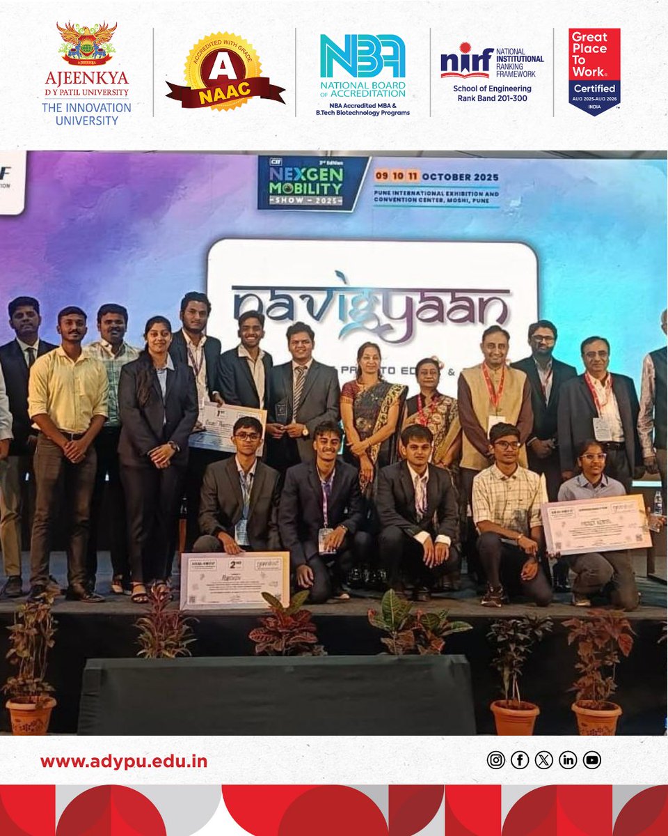Proud moment for ADYPU! Team Vac-Vectoor Hyperloop wins Third Place at Yuvahan 2025 by ARAI–AMTIF, mentored by Dr. Susanta Das &amp; ADYPU-DRIF at CII NEXGEN Mobility 2025. Driving sustainable innovation aligned with #SDG9. 🚀 #ADYPU