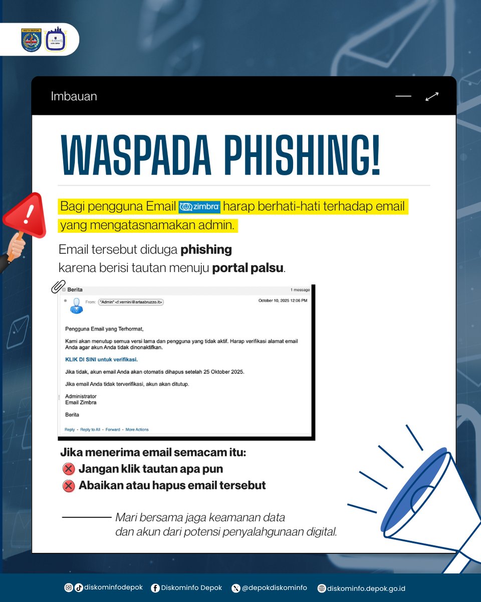 Waspada Phishing! ⚠️

Belakangan ini beredar email yang mengatasnamakan admin Zimbra dan berisi tautan menuju portal palsu. Perlu diketahui, email tersebut bukan dari pihak resmi dan diduga sebagai upaya phishing untuk mencuri data akun.

<a href="/pemerintahdepok/">Pemerintah Kota Depok</a>