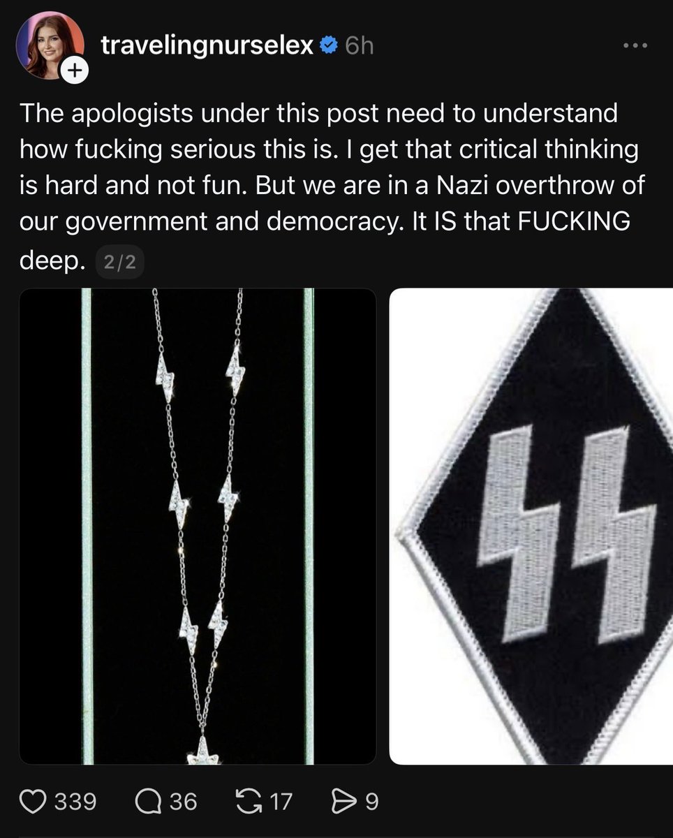 If you’re wondering how unhinged the Online Left ™️ discourse is today, they’re calling Taylor Swift a Neo Nazi because her new necklace has some lightning bolts. 

I’d say you can’t make this nonsense up but they do. 

Repeatedly.